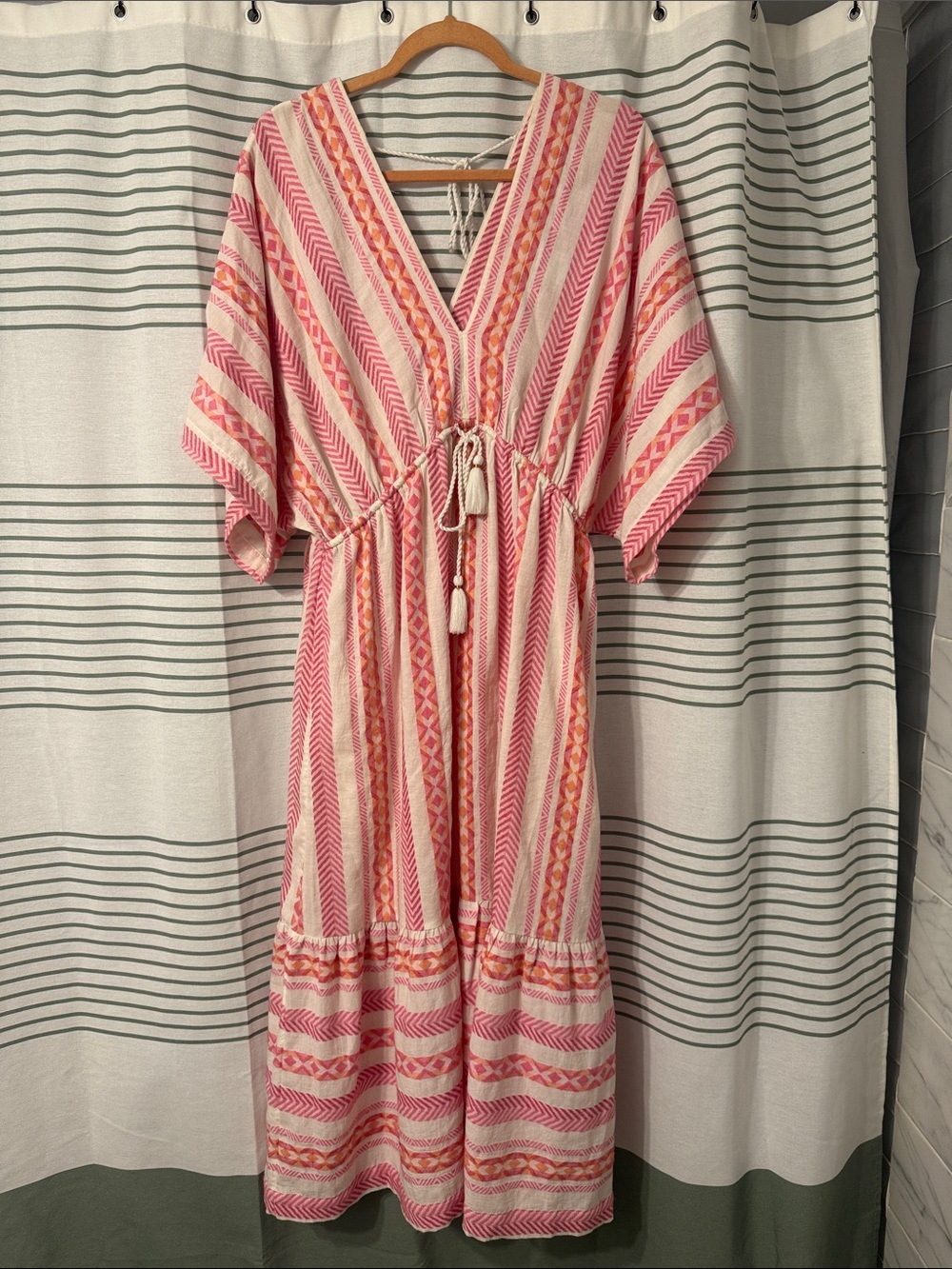 Tommy Bahama Pink and Cream Striped Tassel Maxi Dress
